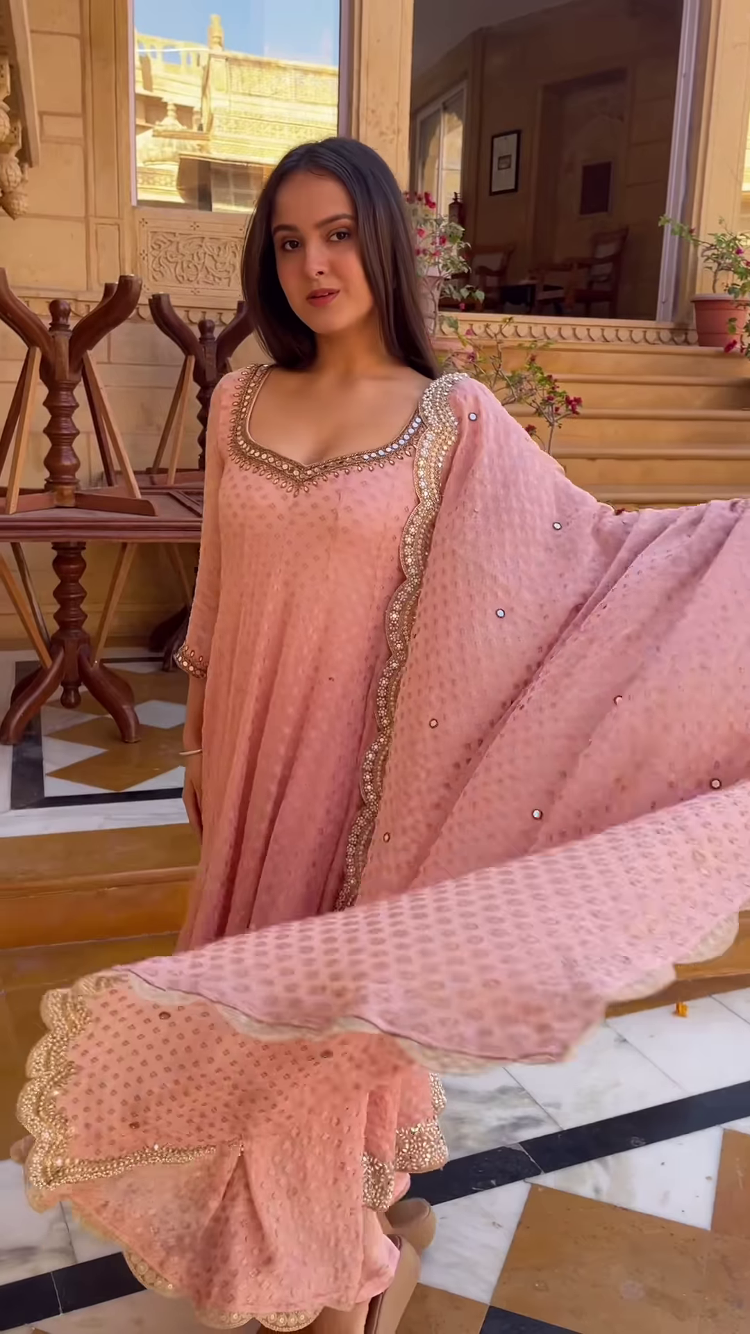 Exquisite Blush Pink Anarkali Suit with Mirror Embellishments & Scalloped Dupatta