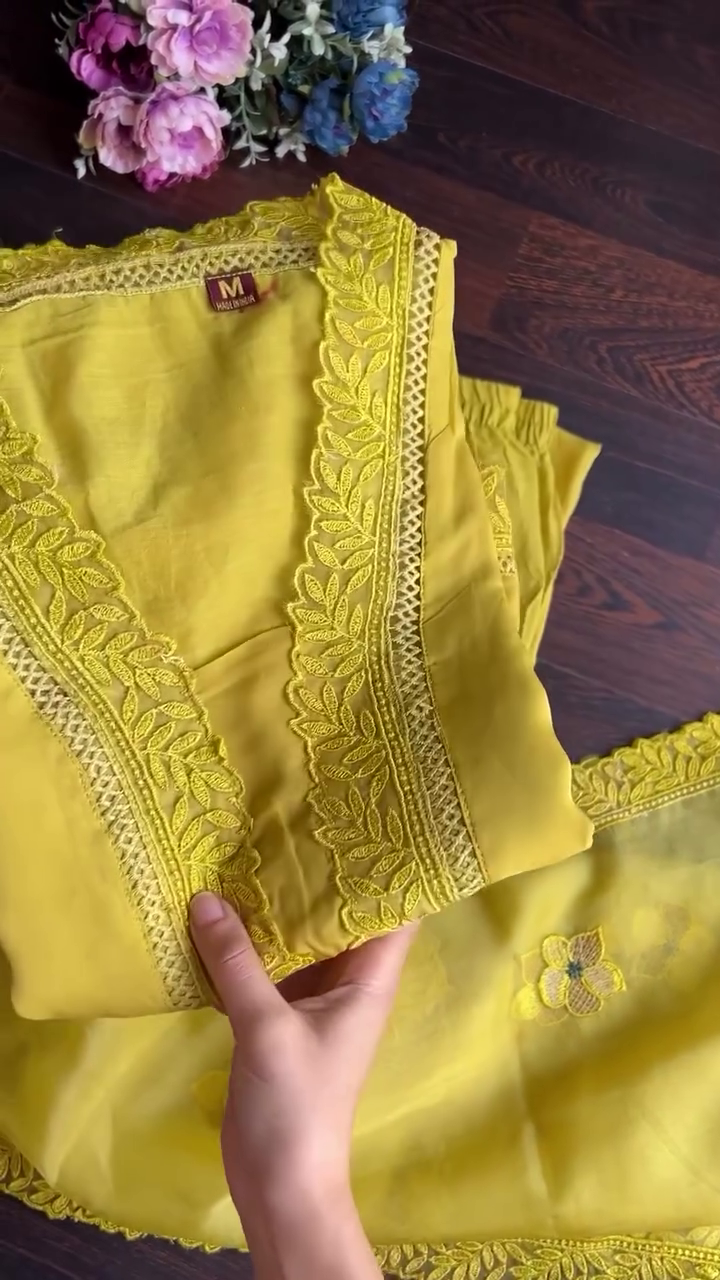 FANCY MUSLIN THREAD WORK TOP BOTTOM WITH DUPATTA YELLOW