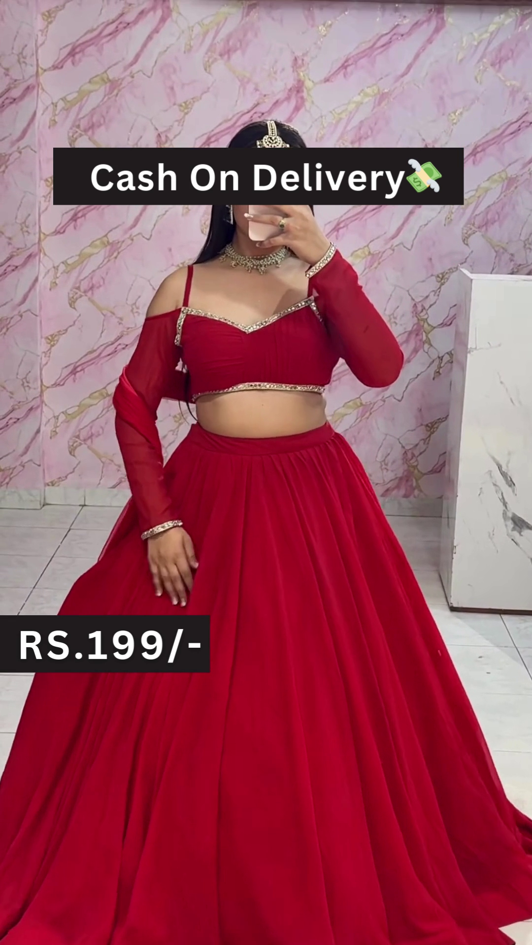 Bold Red Off-Shoulder Lehenga Choli Set with Mirror Selfie Styling β Youthful Elegance for Festive Glam