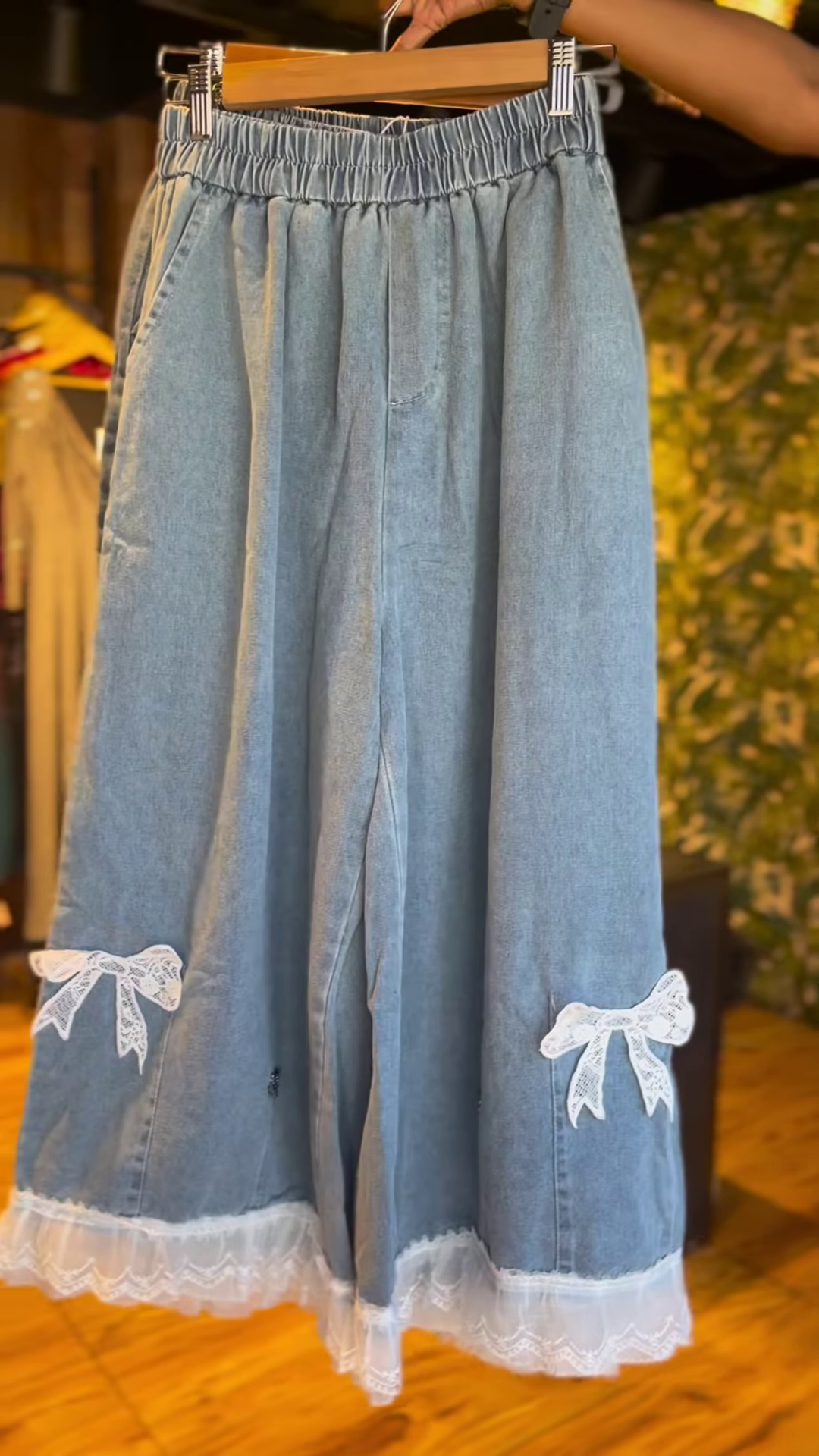 Playful Denim Wide-Leg Trousers with Colorful Flower Appliques & Lace Trim – Women’s Unique Bottoms