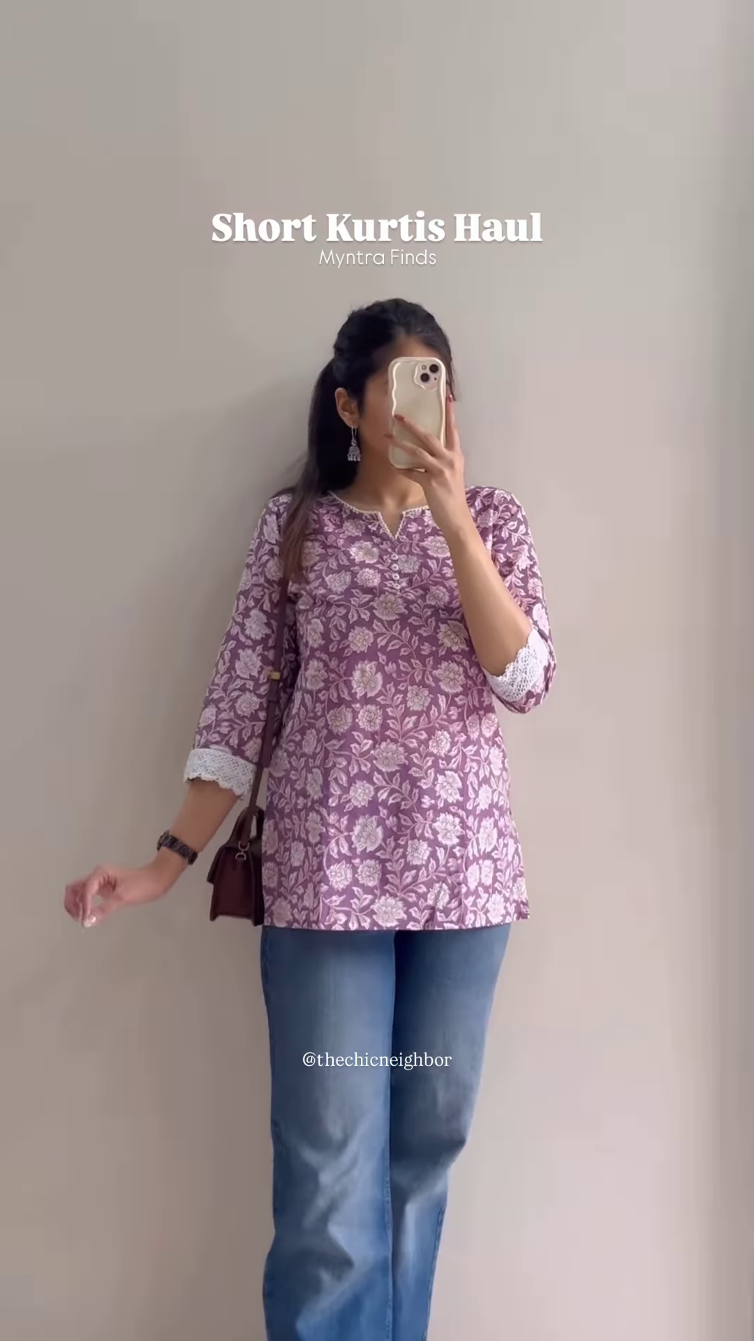 Women’s Black Short Kurti with White Threadwork & Light Blue Jeans – Casual Ethnic Streetwear Edit