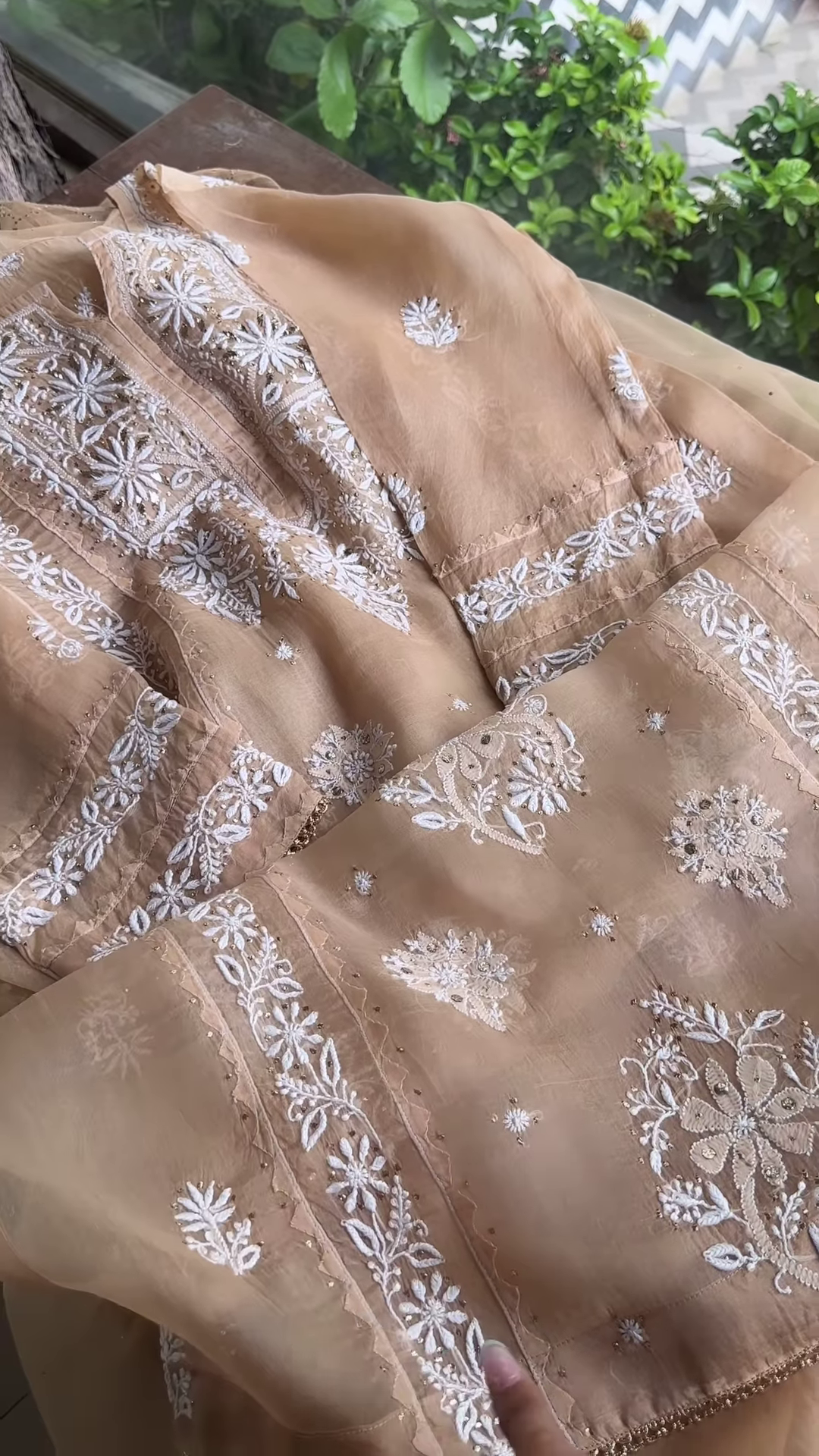 Beige Sheer Embroidered Fabric Panel with White Floral Motifs & Sequin Accents – Ethnicwear Material