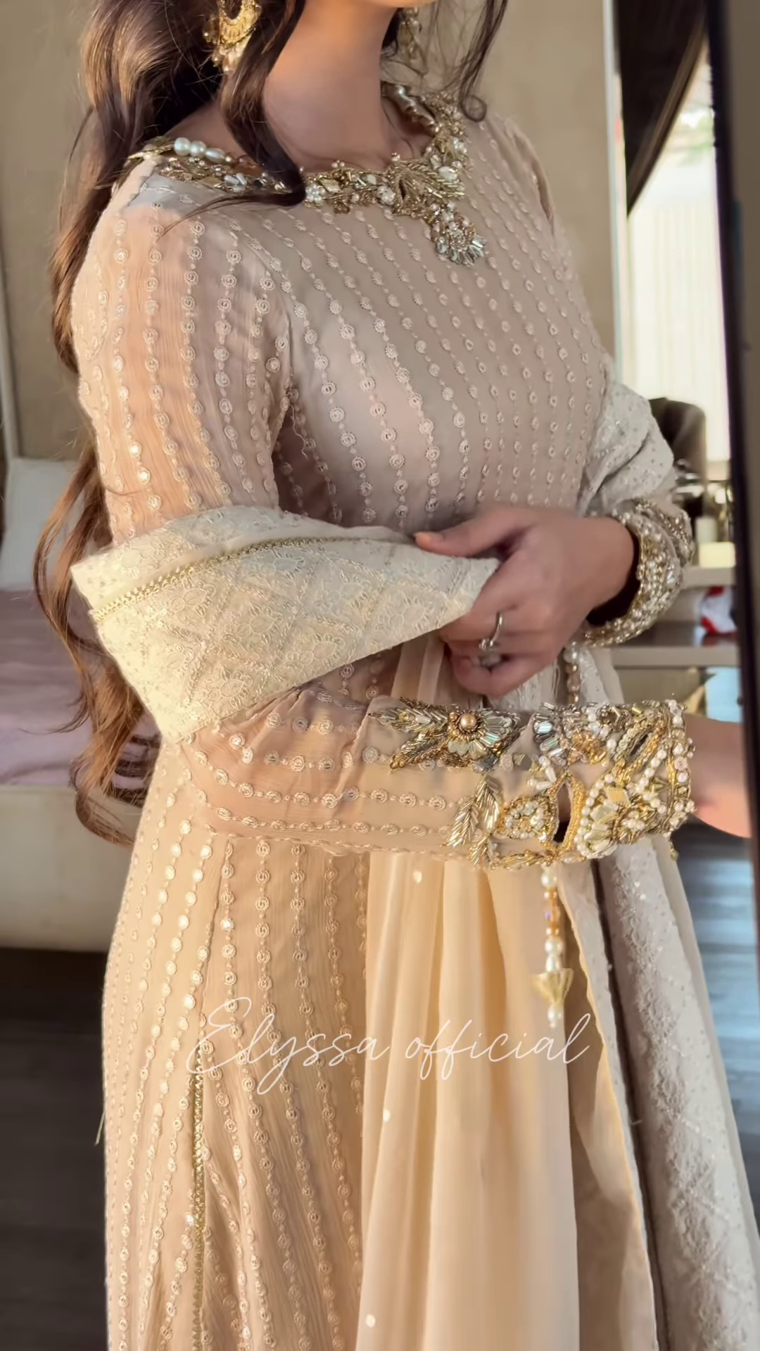 Elegant Beige Embroidered Suit with Pearl & Sequin Detailing