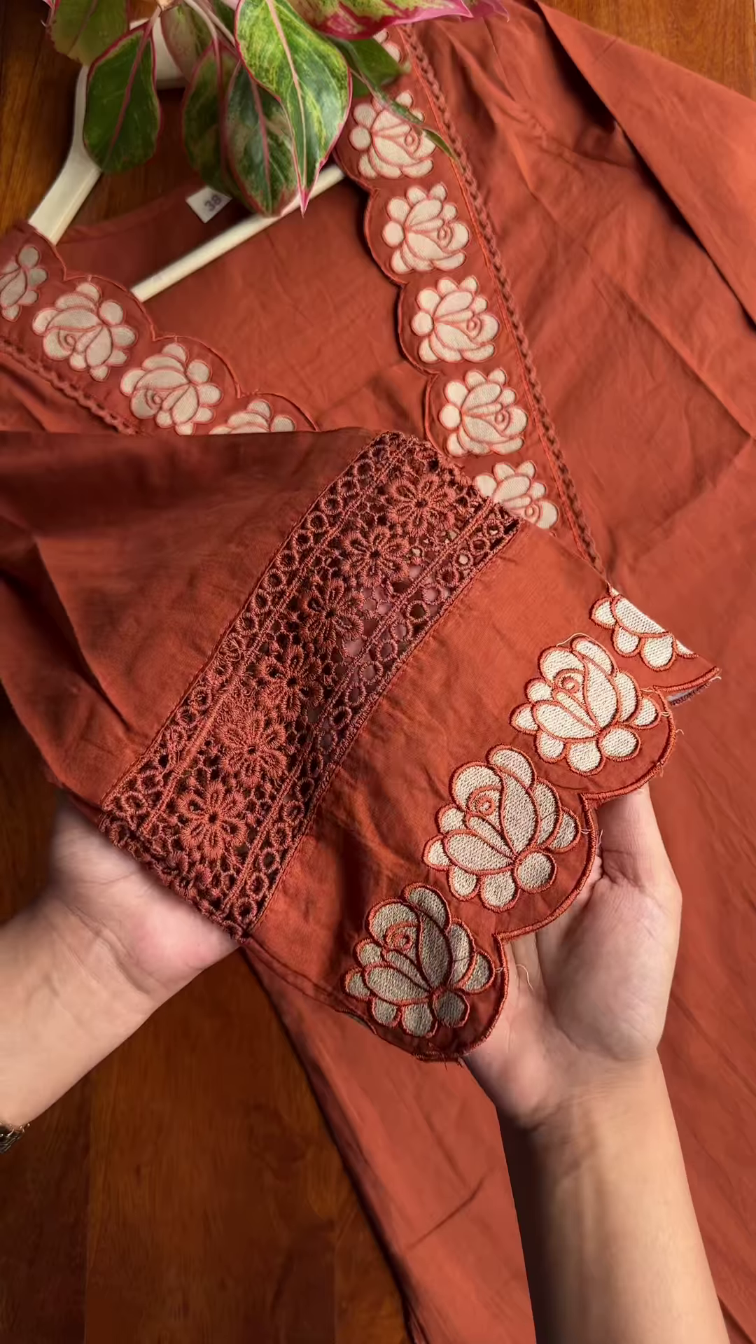 Women’s Reddish-Brown Ethnic Kurti with Floral Embroidery, Tassels & Shell Accents – Handcrafted Neckline Detailing for Festive Styling