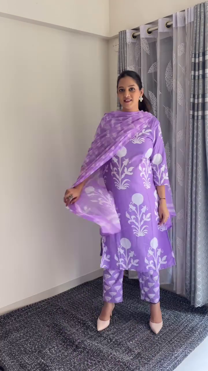 Elegant Blue & White Printed Cotton Kurta Set with Dupatta