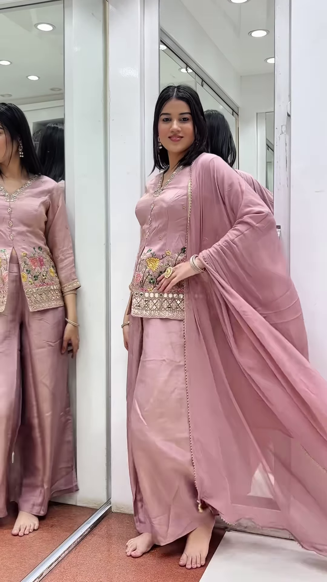 Dusty Rose Embroidered Kurta Set – Elegant Floral Threadwork with Palazzo & Dupatta