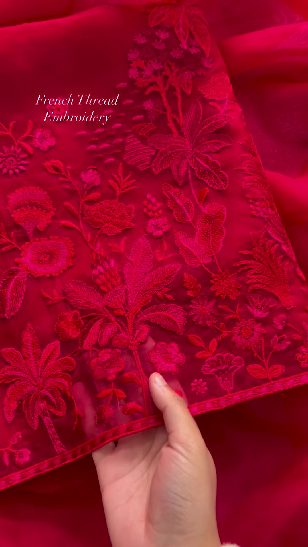 Luxurious Red Fabric with Intricate French Thread Embroidery