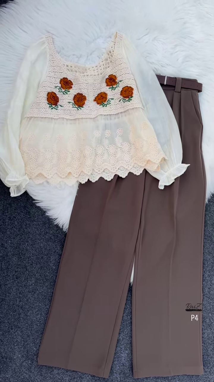 ๐ Bohemian Cream Layered Top with Crochet & Brown Wide-Leg Pants Set ๐ผ