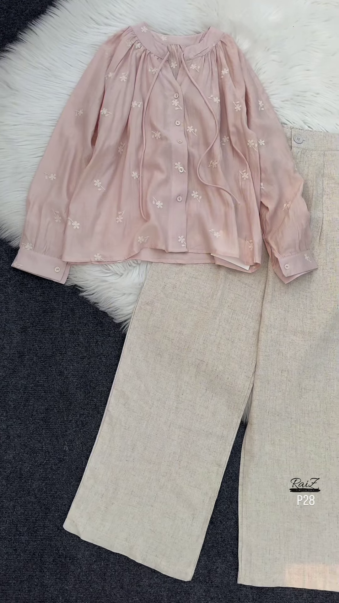 π Elegant Beige Embroidered Drawstring Blouse & Wide-Leg Pants Set πΏ