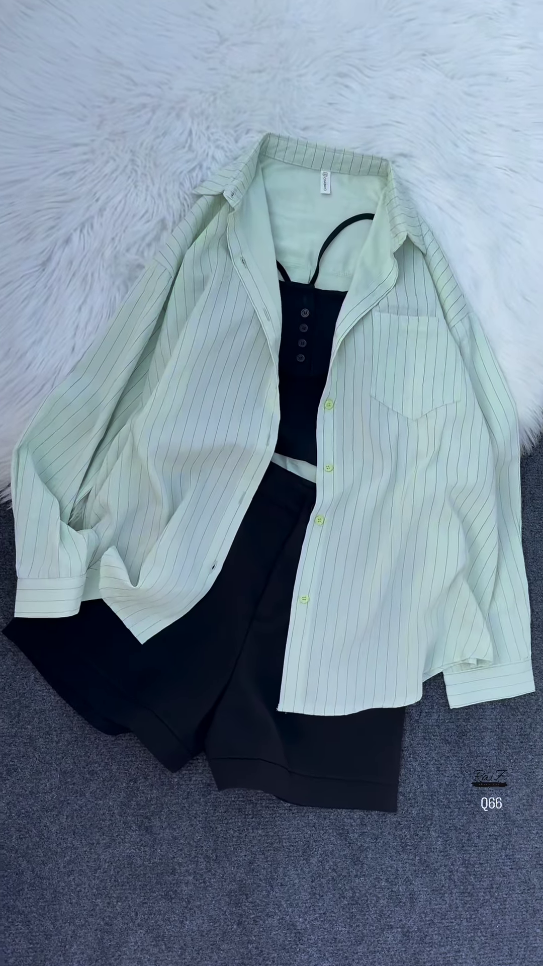 π Edgy Chic Sheer Pink Pinstriped Oversized Shirt, Black Crop Top & Shorts Set π€