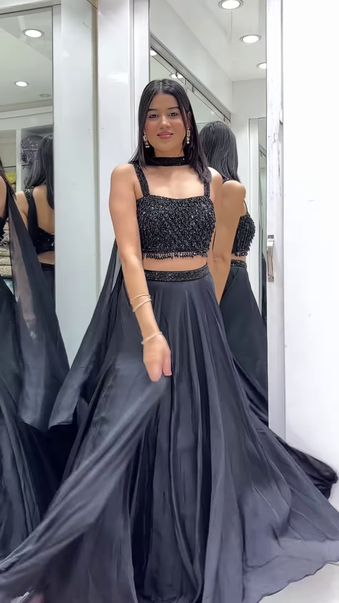 ✨ Dazzling Black Sequin Top & Flowing Skirt Ensemble 🖤