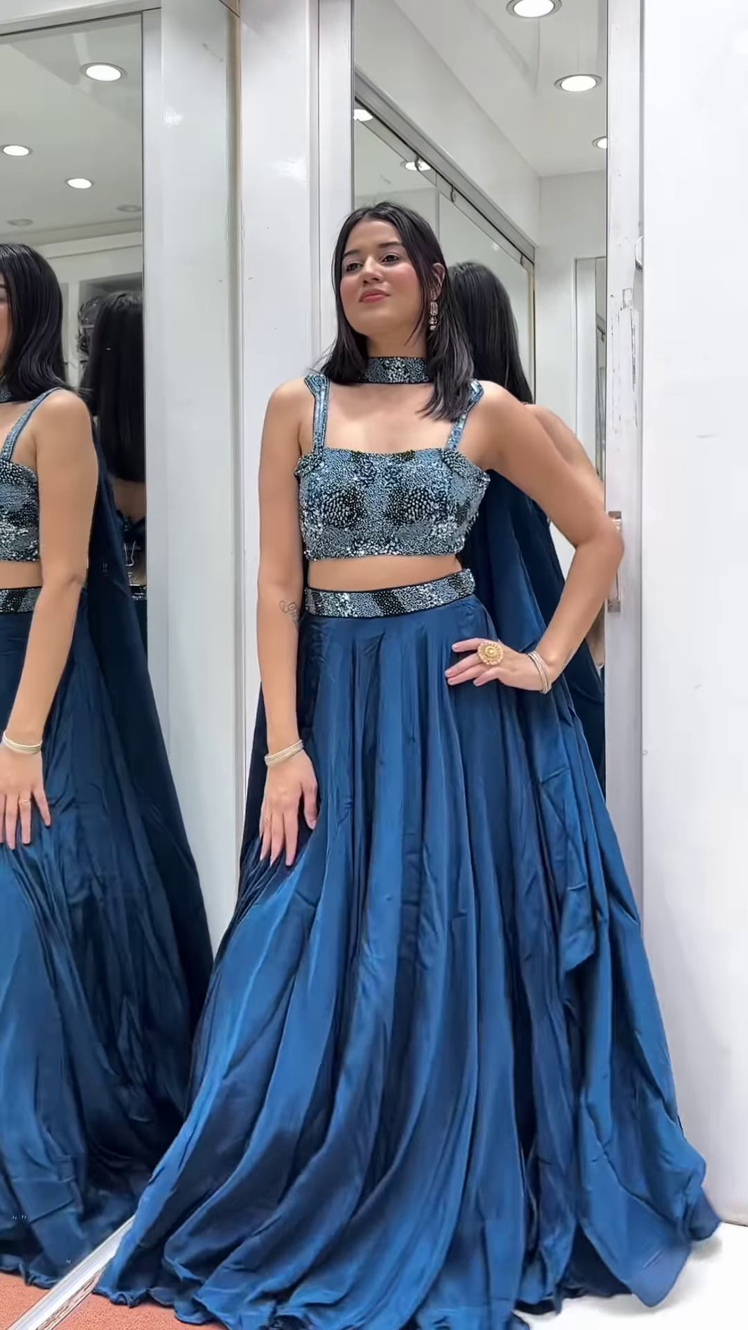 π Dazzling Teal Embellished Crop Top & Flowing Skirt Ensemble π