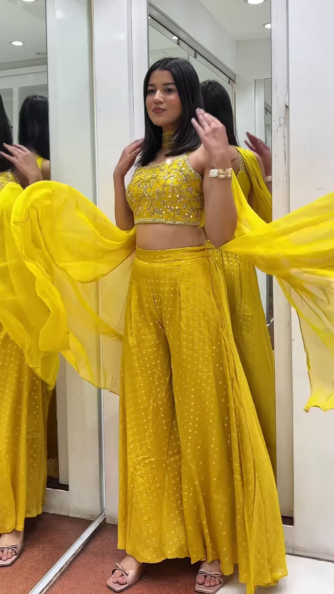 πΏ Ethereal Mint YELLOW Embellished Crop Top, Shrug & Pleated Palazzo Pants Set π