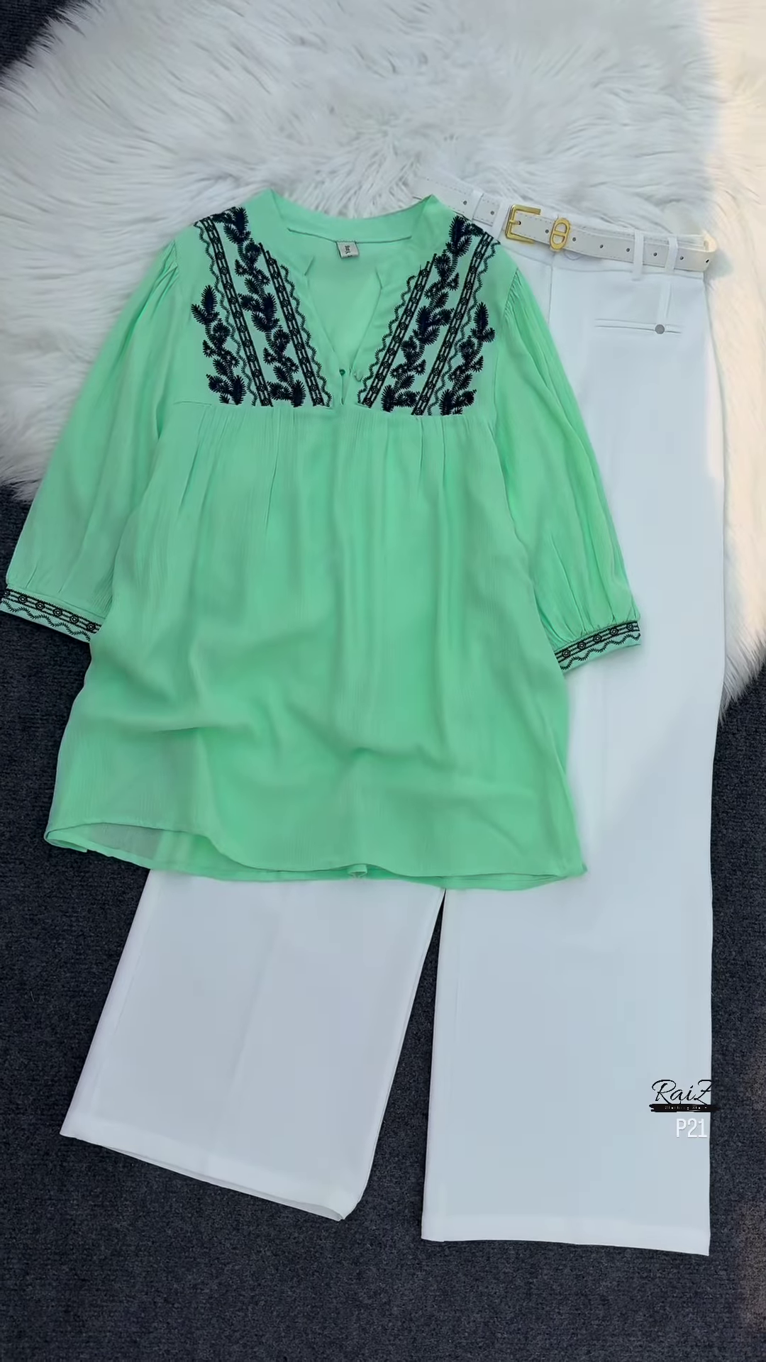 Mint Green Embroidered Tunic Top with White Trousers