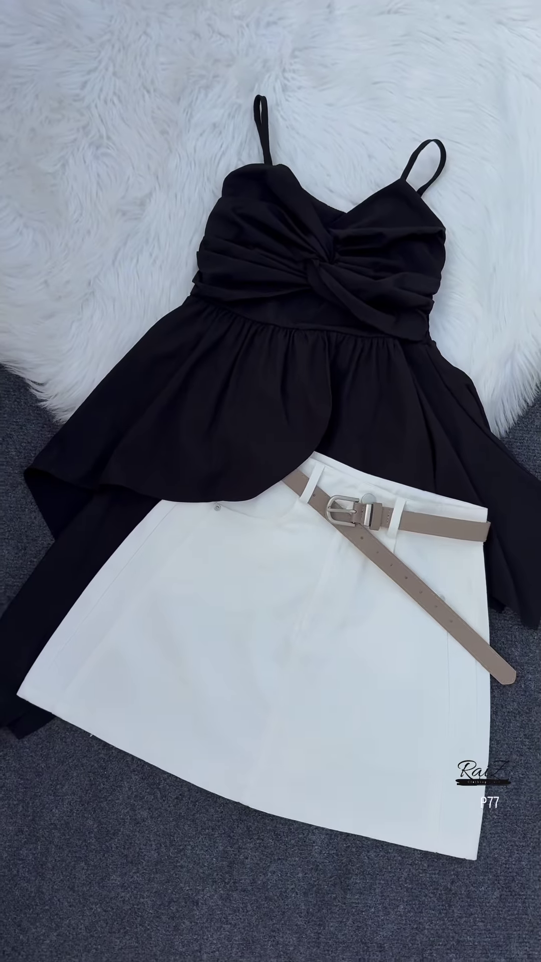 Flowing Pink Top with White Skirt and Tan Belt Ensemble