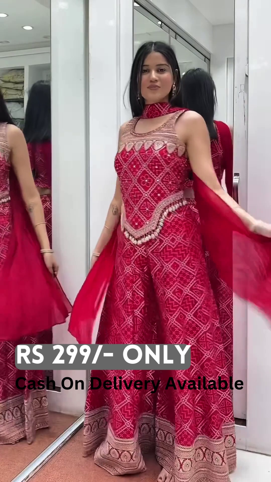 Red Embroidered Sharara Set with Mirror Work Detailing