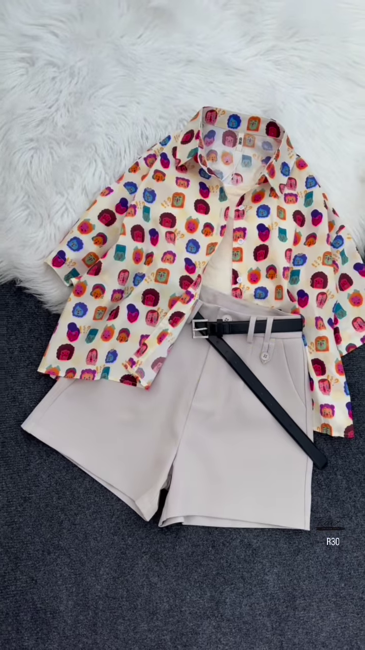 Striped Floral Shirt with White Tank and Belted Shorts Set