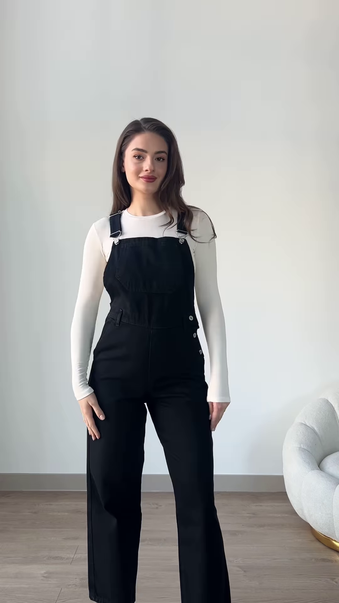 Stylish Denim Overalls with Long-Sleeved Top and Sneakers