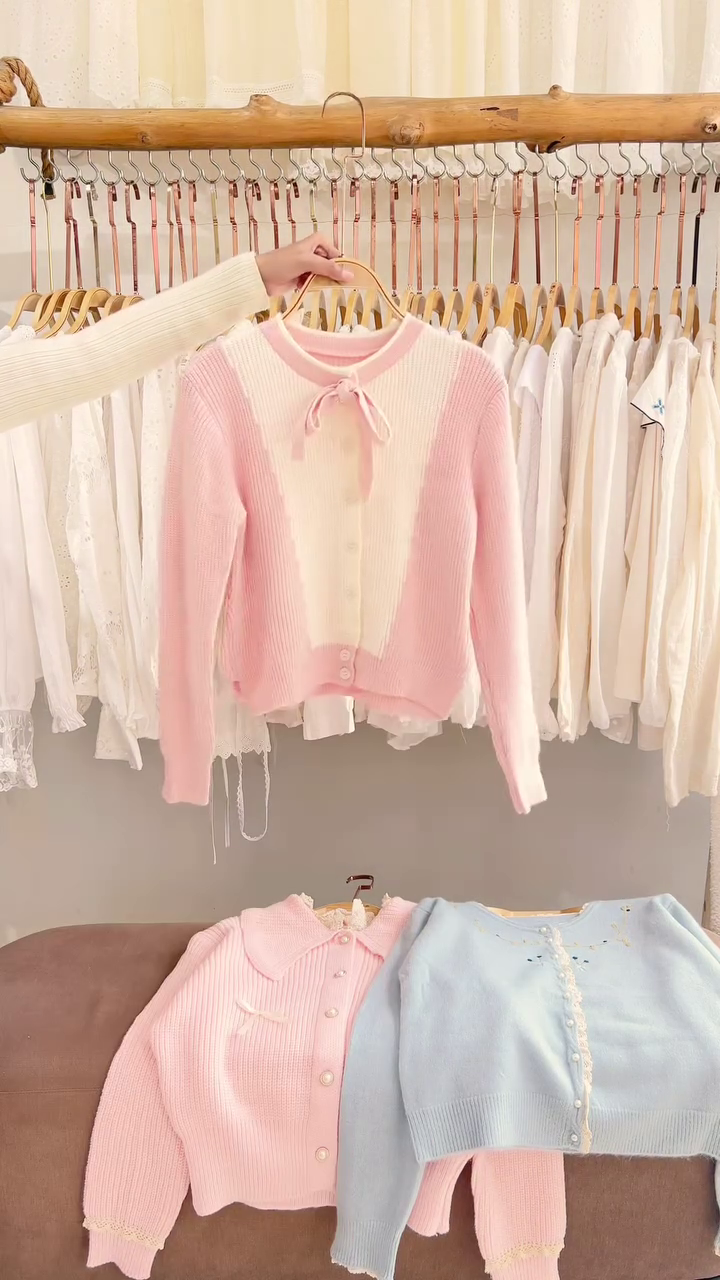 Lace-Trim Floral Embroidered Sweaters & Bow-Collar Buttoned Tops 🧥 Available in Blue & Pink