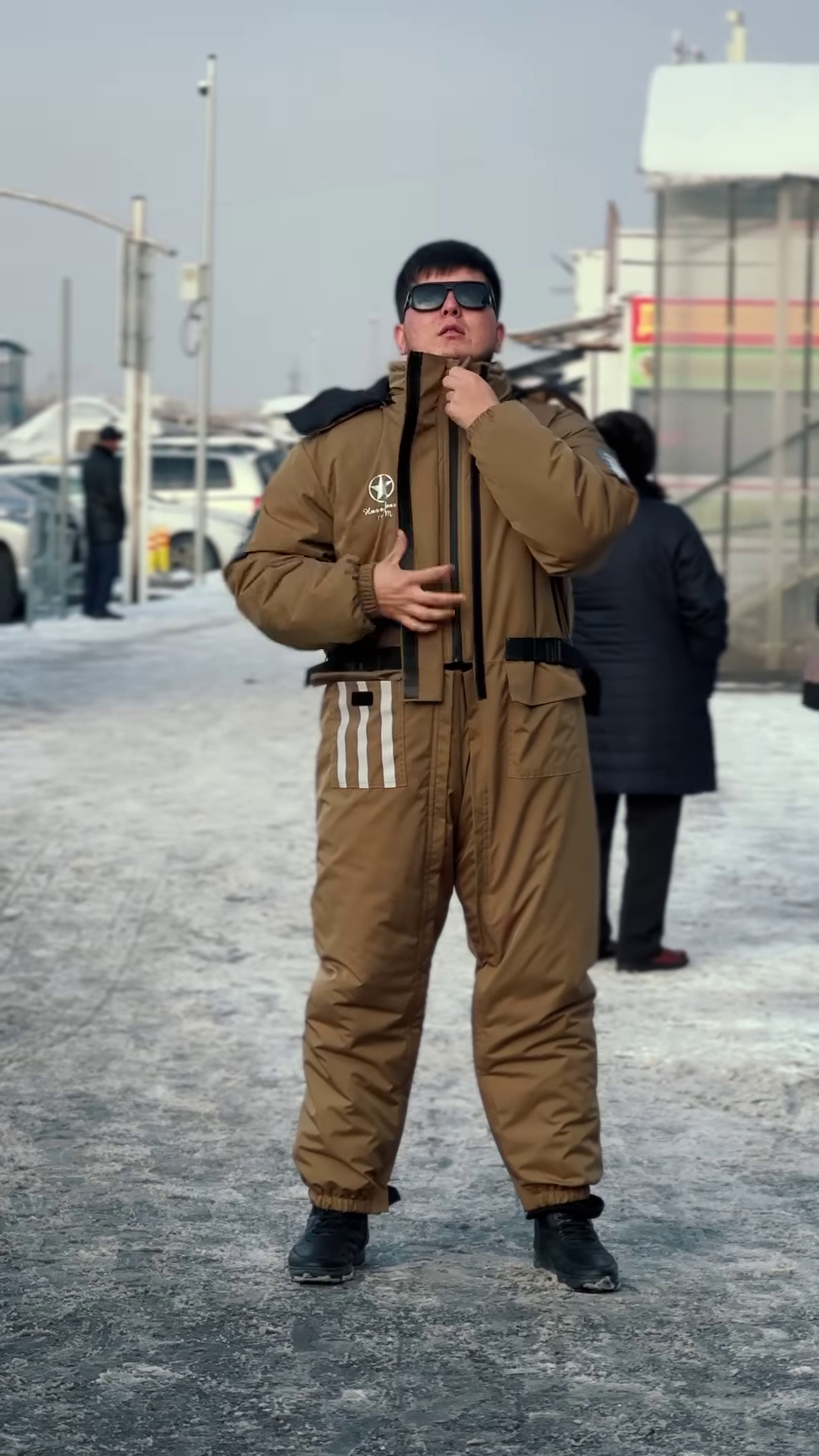 Insulated Space-Themed Jumpsuit ❄️🚀 With Belted Waist & Graphic Patches – Brown Variant