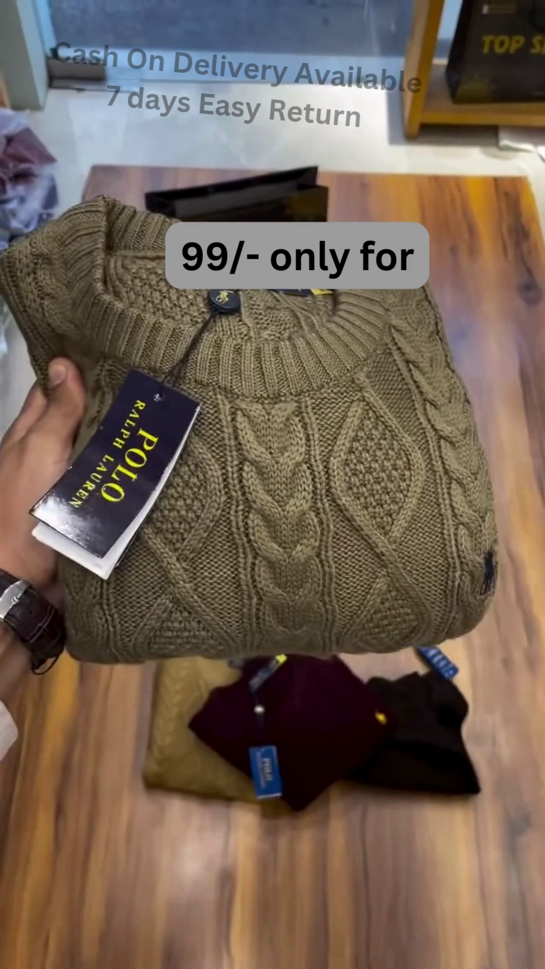 Cable-Knit Sweater Collection 🧶🍂 With Folded Display – Black, Mustard, Maroon & Brown Variants