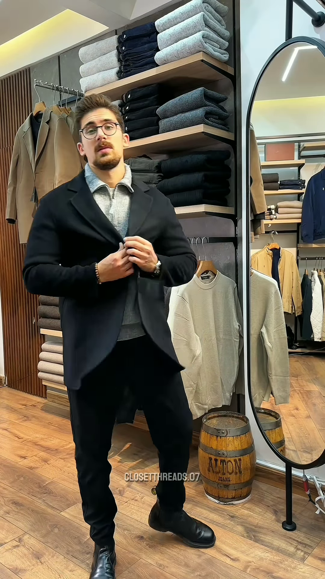 Zip-Up Knit Sweater 🧥🪞 – Soft Grey Layer with Black Pants Styling in Store Visual