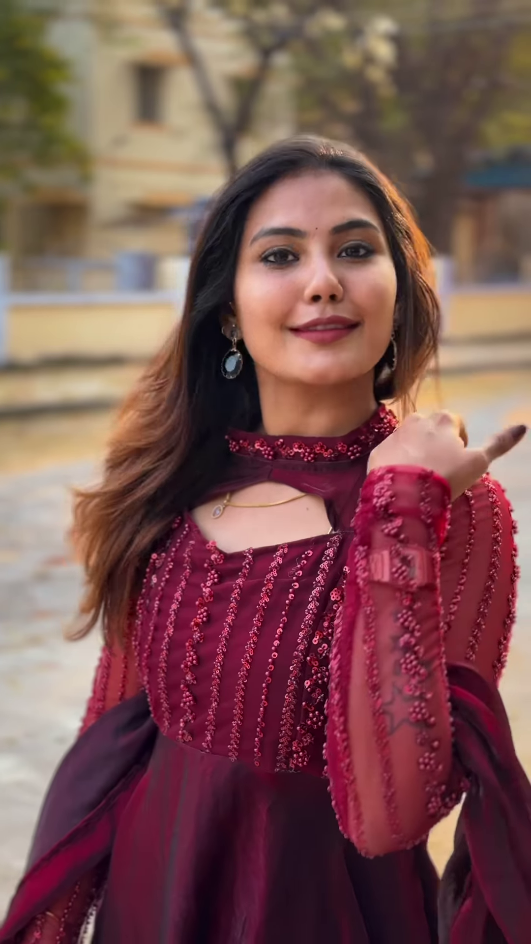 Elegant Wine-Colored Anarkali Gown with Sequined Sleeves & Dupatta