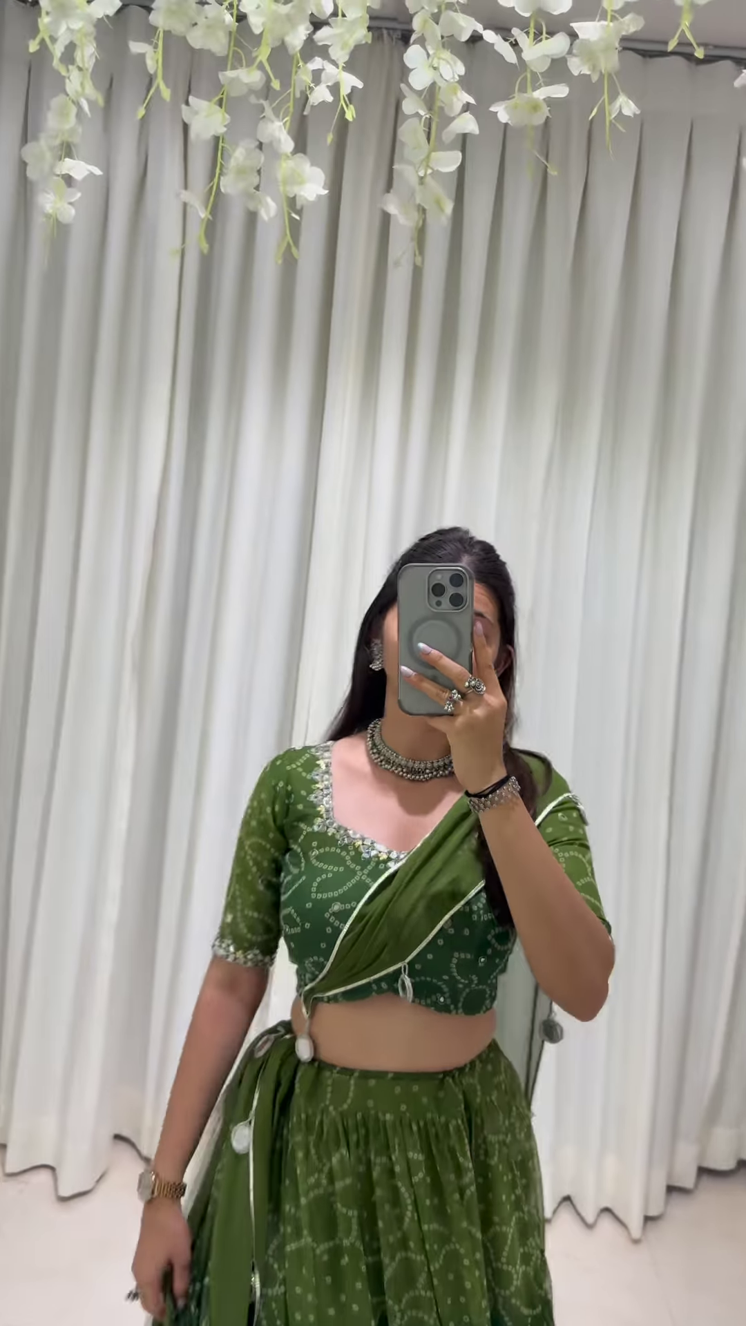 Green Ethnic Lehenga Choli Set with White Floral Embroidery and Silver Detailing – Traditional Elegance with Modern Grace