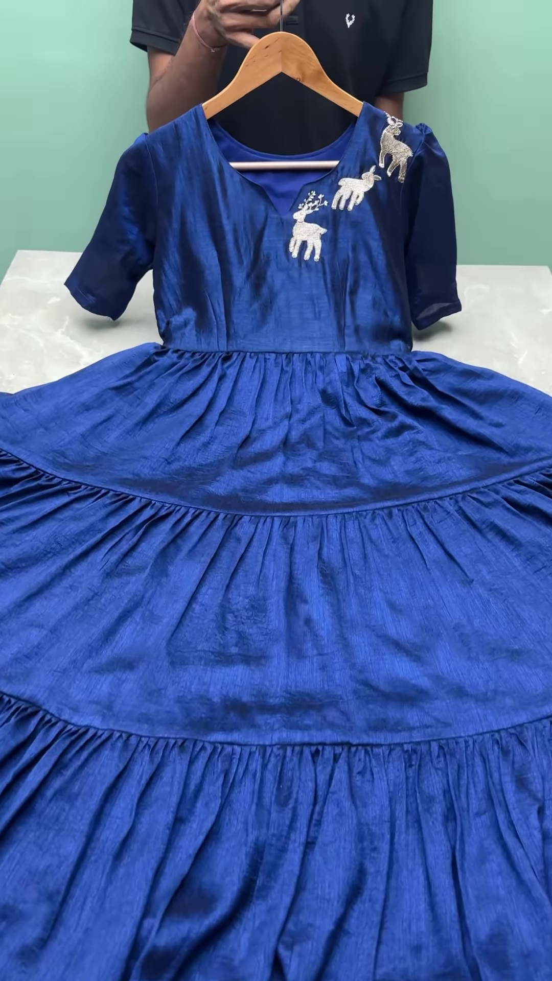 Elegant Red Tiered Cotton Frock with Reindeer Embroidery