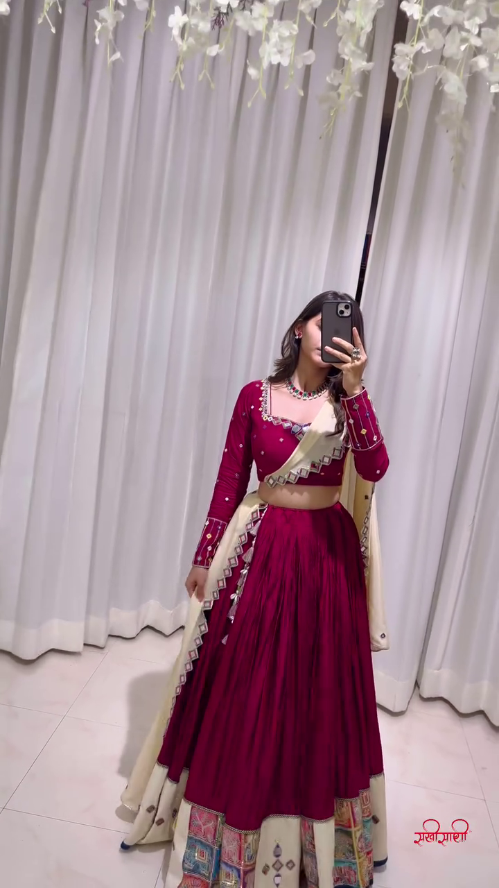Maroon and Cream Embroidered Lehenga Choli with Floral Dupatta – A Refined Ensemble for Traditional Grace and Festive Splendor