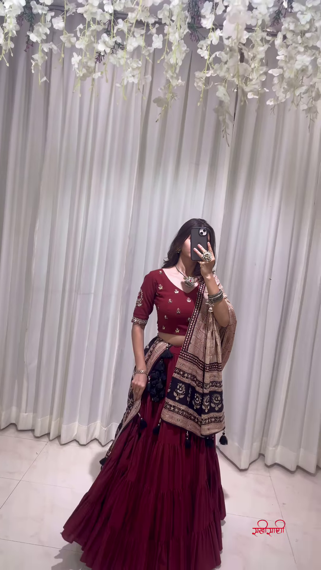 Maroon Silk Lehenga Choli with Beige Floral Dupatta and Ornamental Embroidery – Crafted for Royal Festivities and Refined Grac