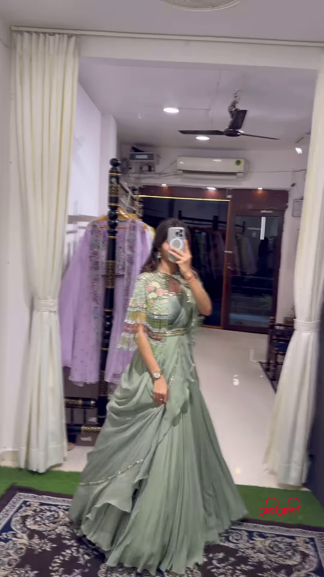Light Green Cape-Style Lehenga Choli with Intricate Embellishments – A Boutique Favorite Blending Elegance and Modern Flow