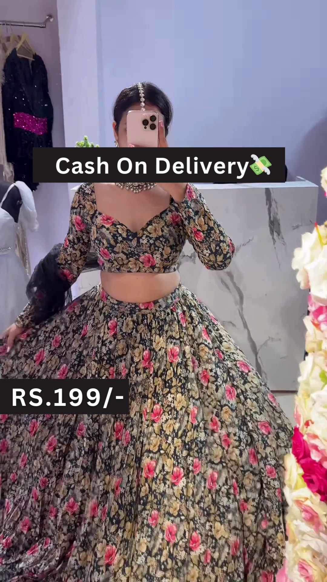Black Floral Printed Lehenga Choli Set with Pink-Yellow Bloom Motifs and Casual Fit
