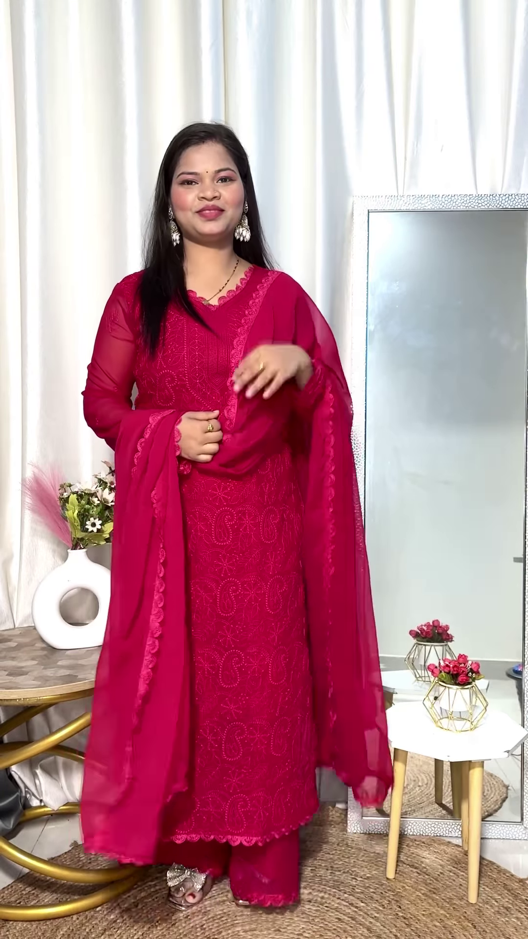 Elegant Wine Red Chikankari Palazzo Suit Set with Dupatta