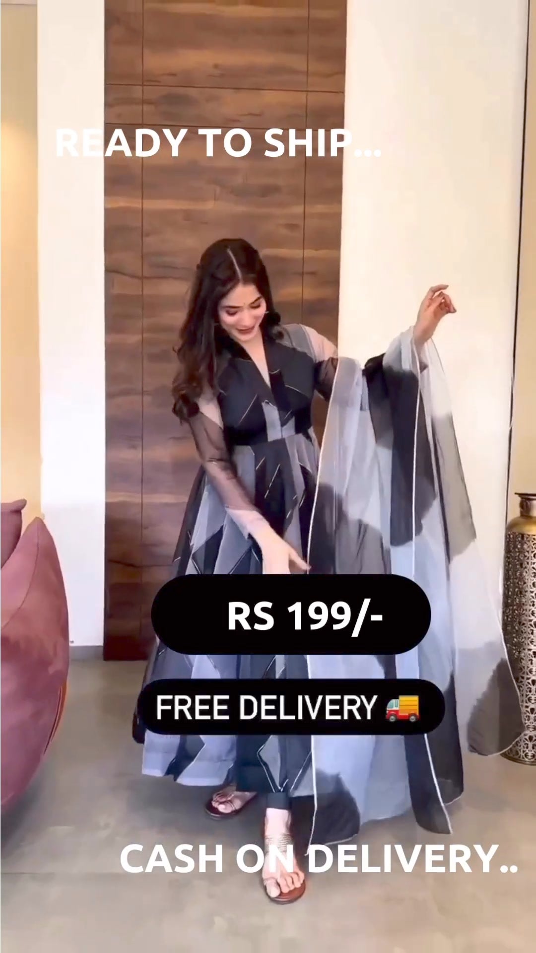 Grey-Black Tabby Organza Zigzag Anarkali