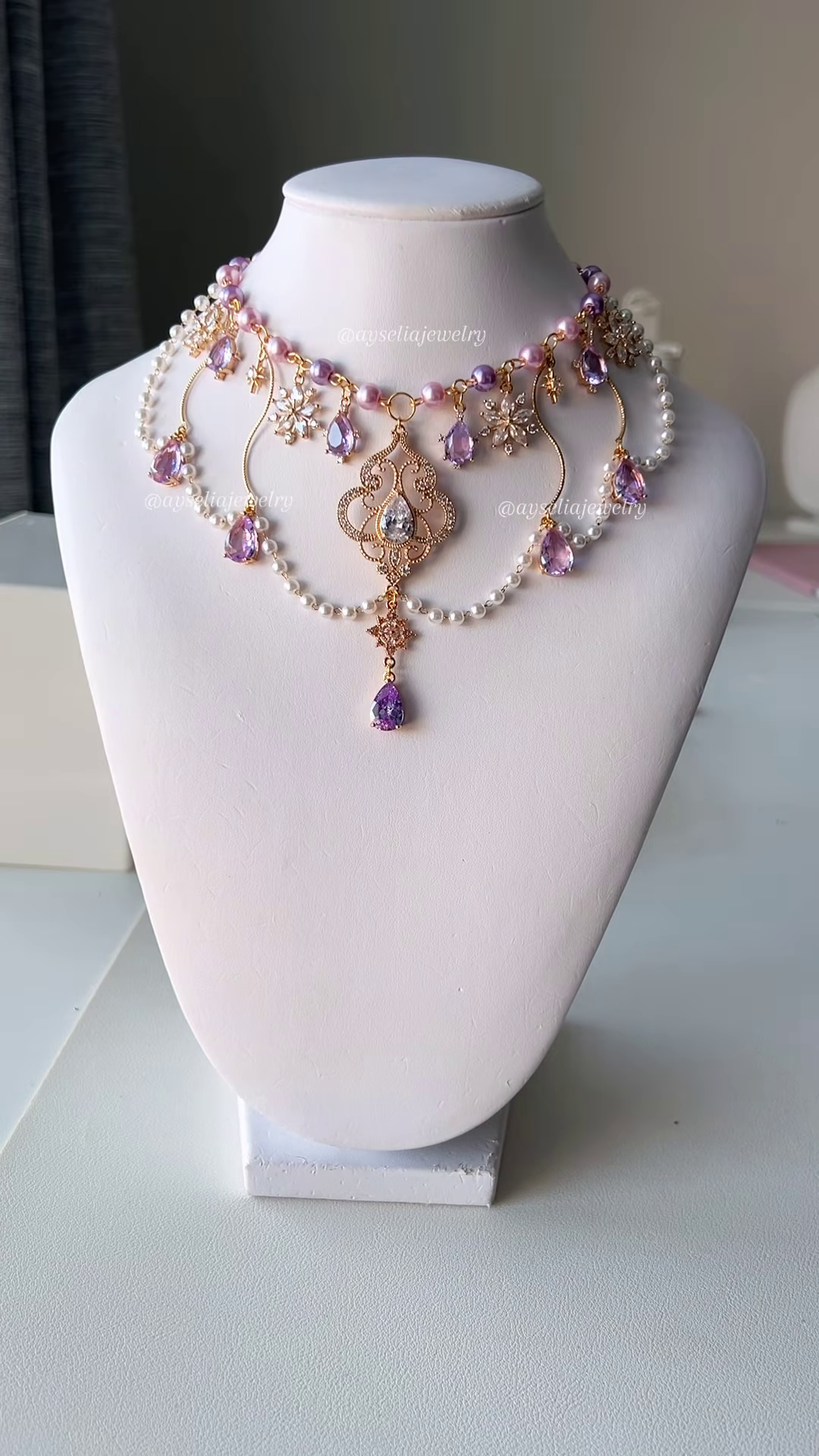 Dreamy Snow Pegasus Inspired Necklace with Amethyst, Pearls, and Intricate Gold-Toned Details