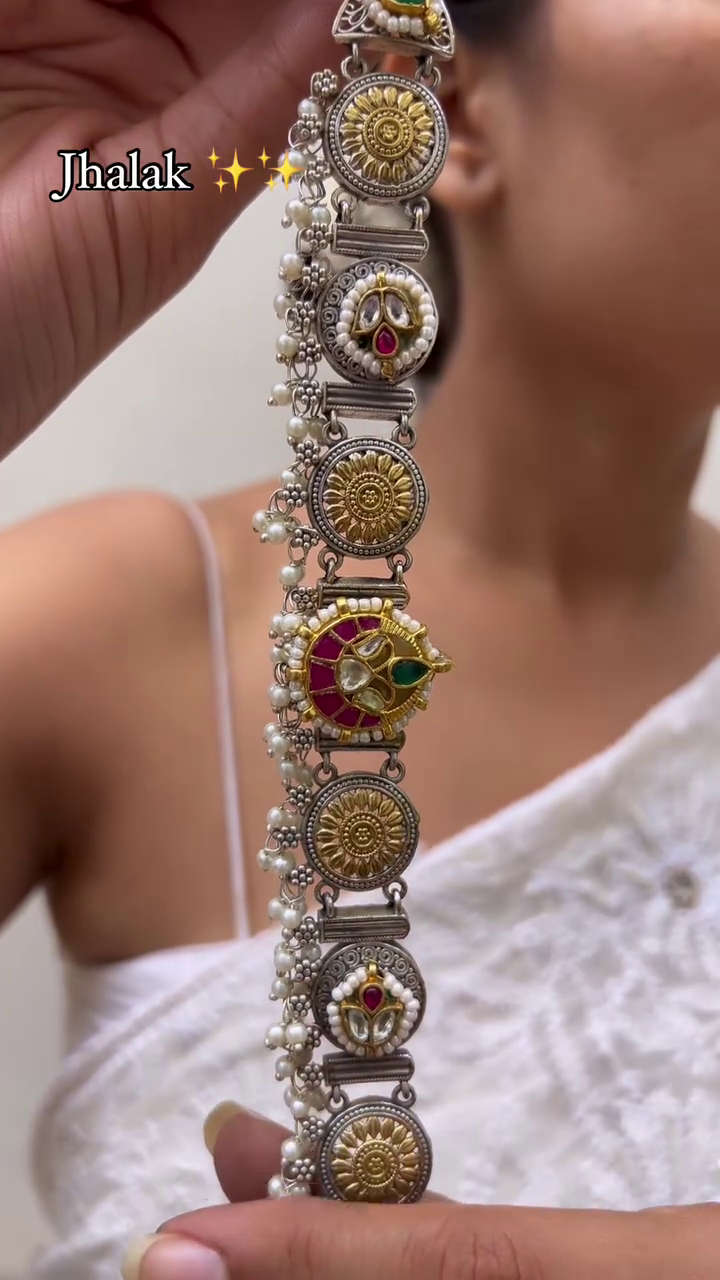 Aora Silver Look Alike Dual Tone Jhumka Earrings with Emerald and Pearls