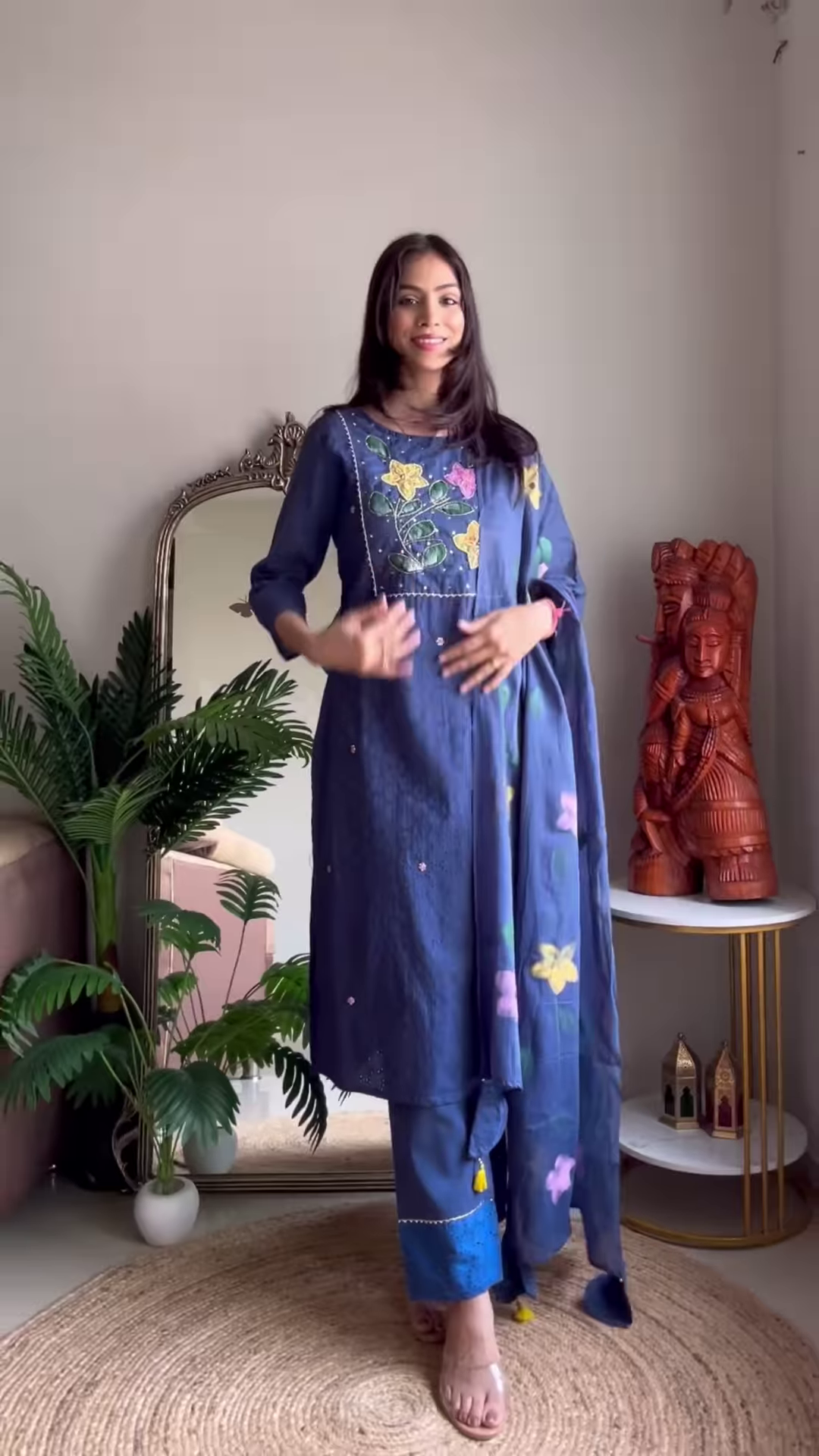 Cream Floral Kurta Set with Polka Dot Dupatta – Whimsical Elegance in a Boho Living Space