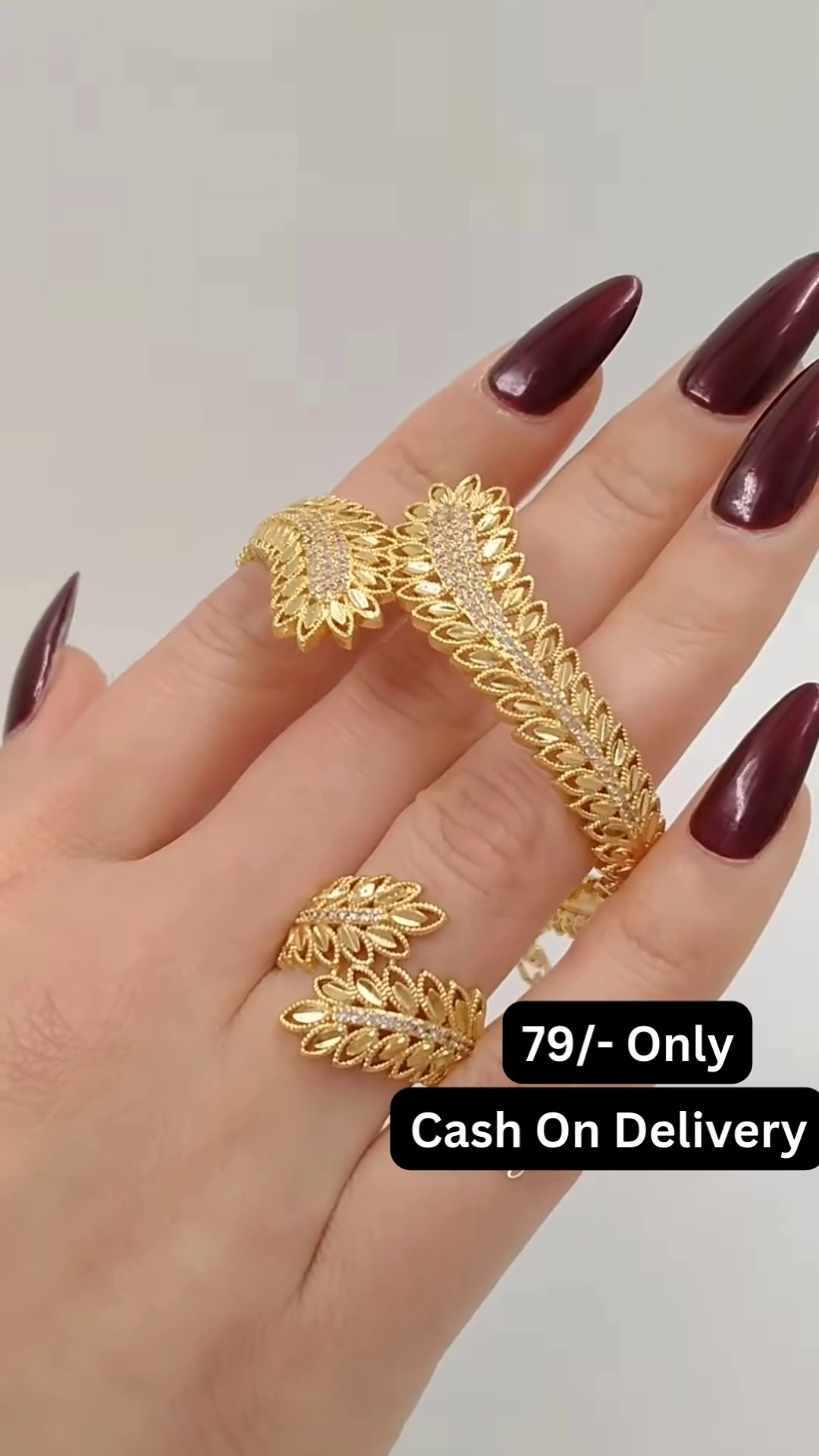 Elegant Gold-Toned Leaf Design Cuff Bracelet and Matching Ring Set with Crystal Accents