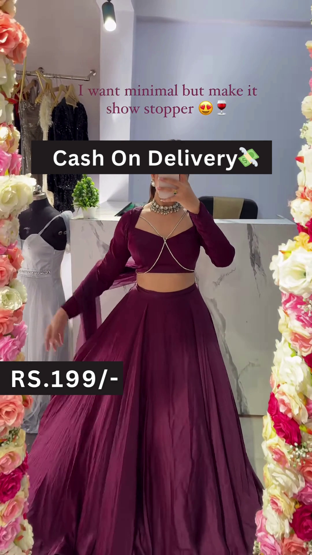 Dark Maroon Long-Sleeve Lehenga Set with Chain Accent and Statement Choker – Minimalist Glam for Every Festive Moment