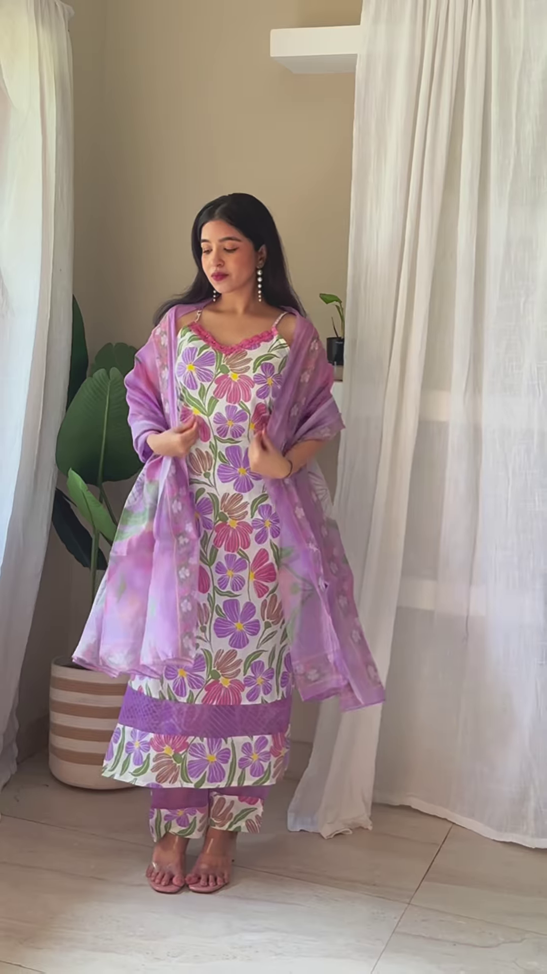 Botanical Symphony in White – Printed Cotton Ensemble with Mauve Dupatta