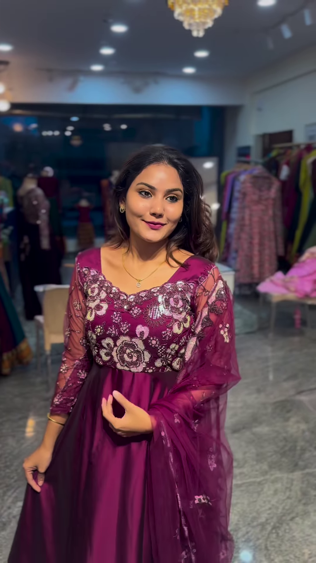 Elegant Pink Embroidered Gown with Sheer Sleeves – Flowing Satin & Net Partywear Dress