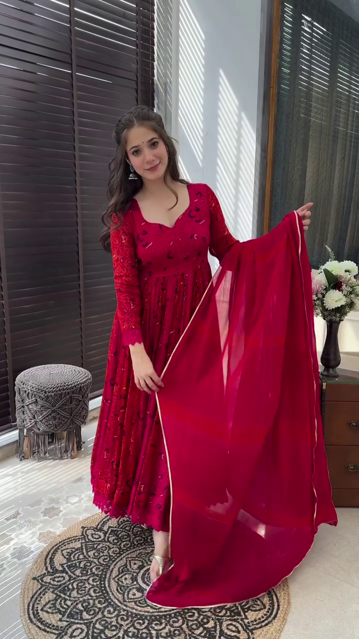Fancy Maroon Color Crochit Georgette Embroidery Salwar Suit