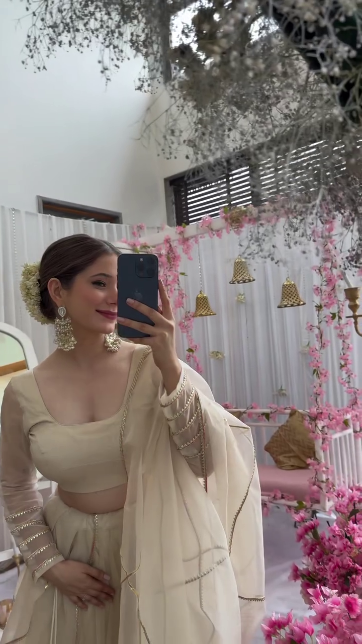 Green Skirt Georgette Bralette Raw Silk Cape Organza Set With Puff Sleeve