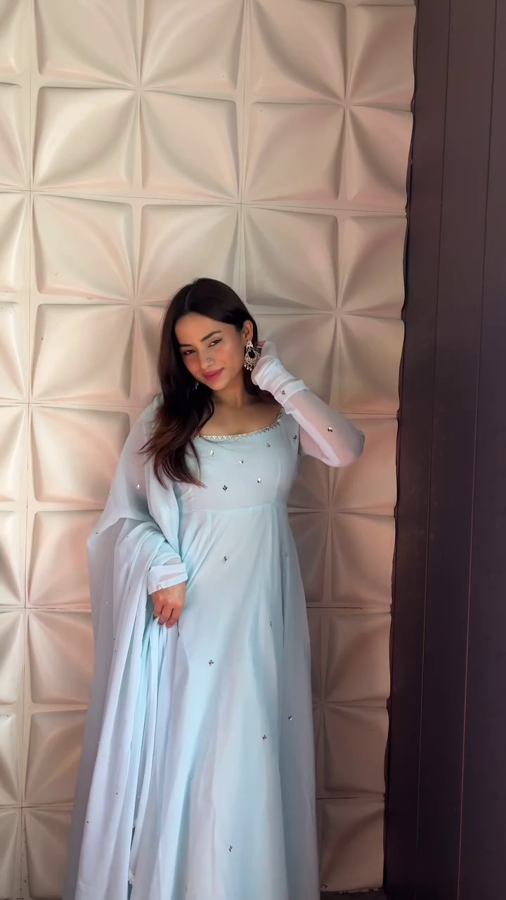 Fabulous Sky Blue Pastel Georgette Anrakali Gown