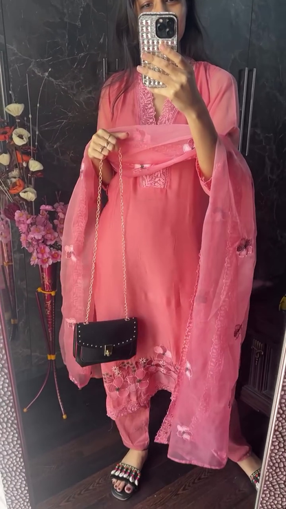 FANCY MUSLIN THREAD WORK TOP BOTTOM WITH DUPATTA YELLOW