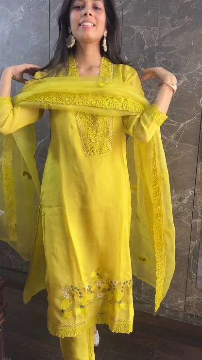 FANCY MUSLIN THREAD WORK TOP BOTTOM WITH DUPATTA YELLOW