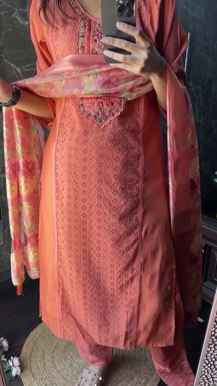 Floral Printed Round Neck Three-Quarter Sleeves Kurta with Palazzos