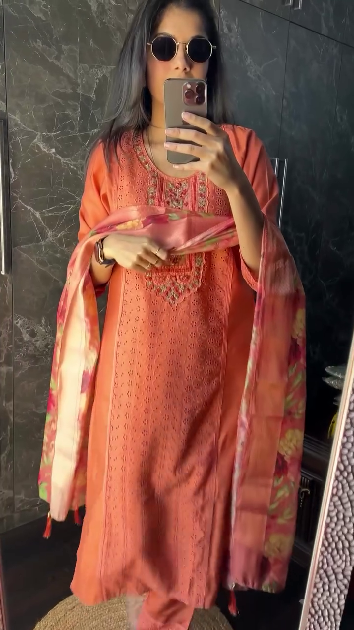 Floral Printed Round Neck Three-Quarter Sleeves Kurta with Palazzos