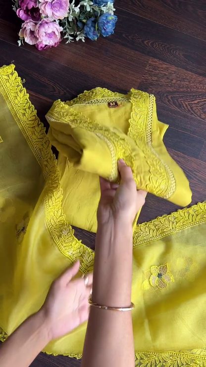 FANCY MUSLIN THREAD WORK TOP BOTTOM WITH DUPATTA YELLOW